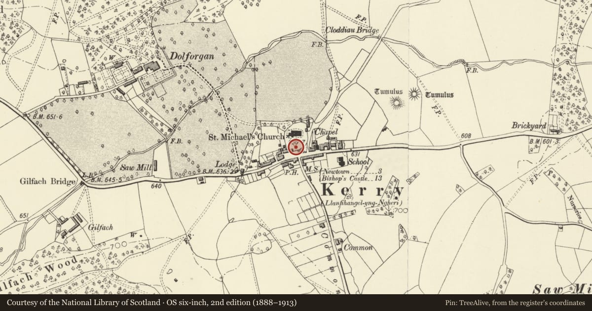 Ordnance Survey six-inch map, 2nd edition (1888–1913) covering the location of Morris monument in churchyard, Church of St Michael, Kerry, Powys, with a pin at the register's coordinates