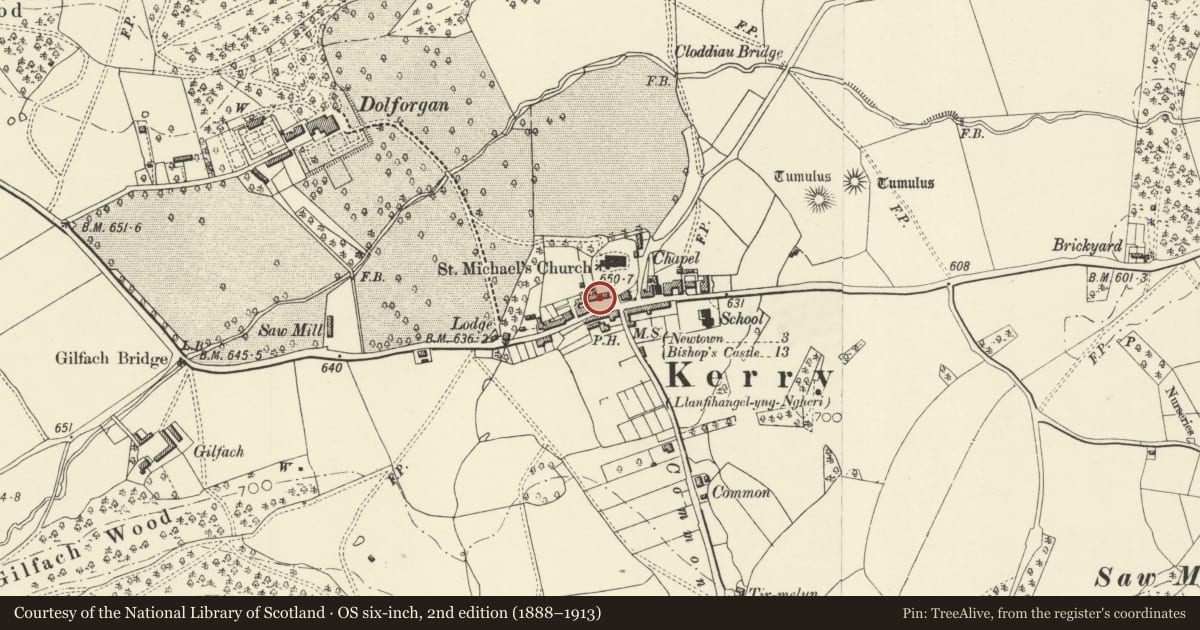Ordnance Survey six-inch map, 2nd edition (1888–1913) covering the location of No 1, Old School House, Kerry, Powys, with a pin at the register's coordinates