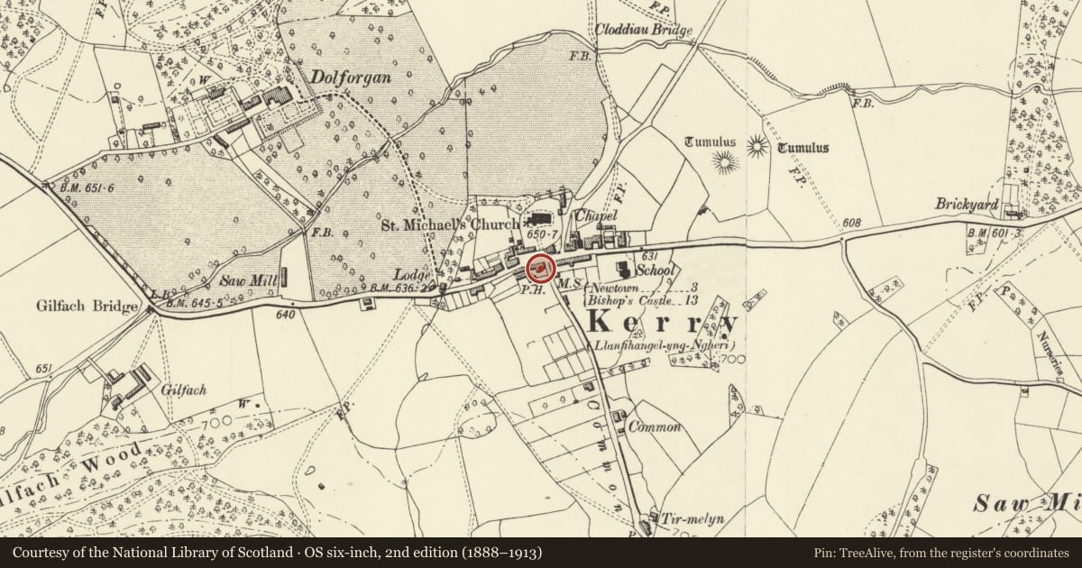 Ordnance Survey six-inch map, 2nd edition (1888–1913) covering the location of The Herbert Arms, Kerry, Powys, with a pin at the register's coordinates