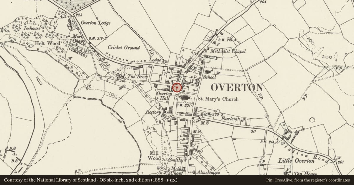 Ordnance Survey six-inch map, 2nd edition (1888–1913) covering the location of Telephone Call-box, Overton, Wrexham, with a pin at the register's coordinates