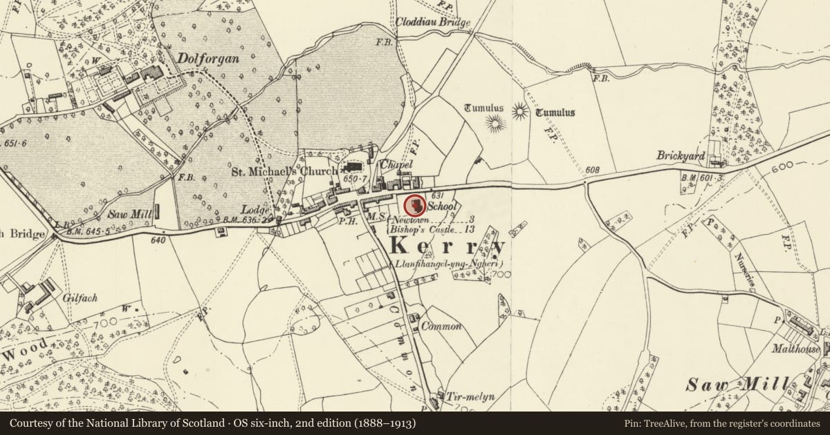 Ordnance Survey six-inch map, 2nd edition (1888–1913) covering the location of County Primary School, Kerry, Powys, with a pin at the register's coordinates