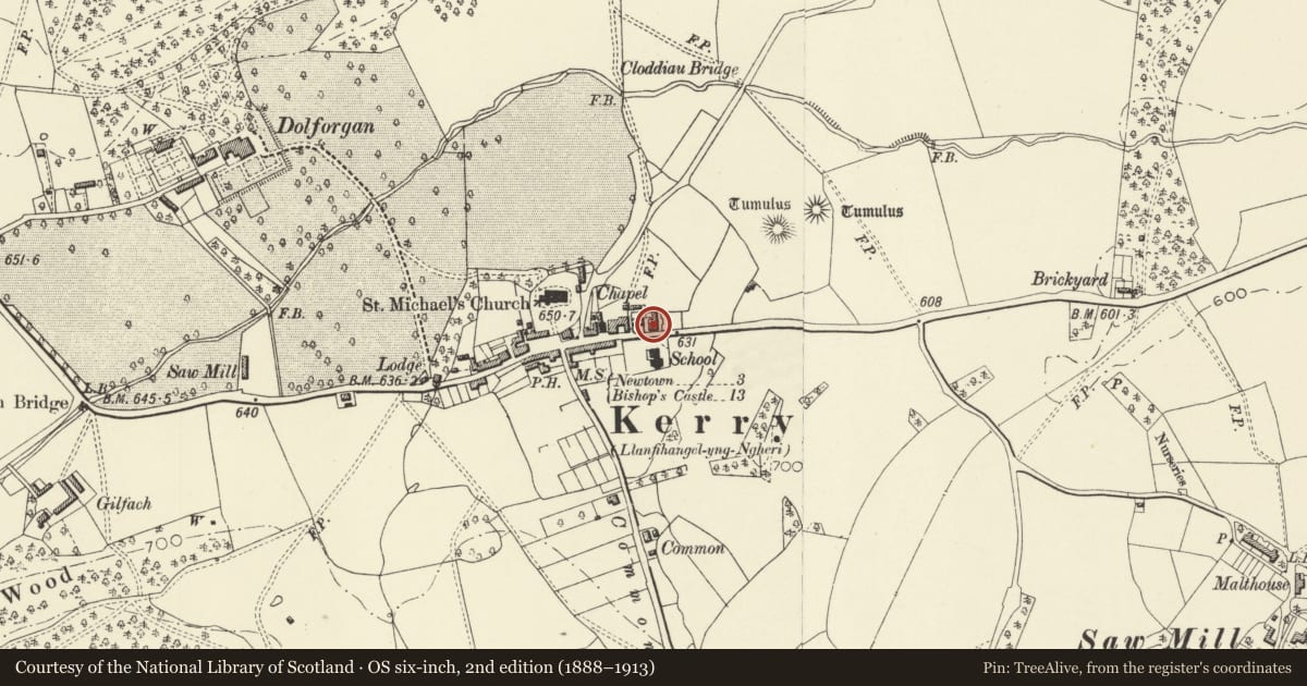 Ordnance Survey six-inch map, 2nd edition (1888–1913) covering the location of Reading Room, Kerry, Powys, with a pin at the register's coordinates