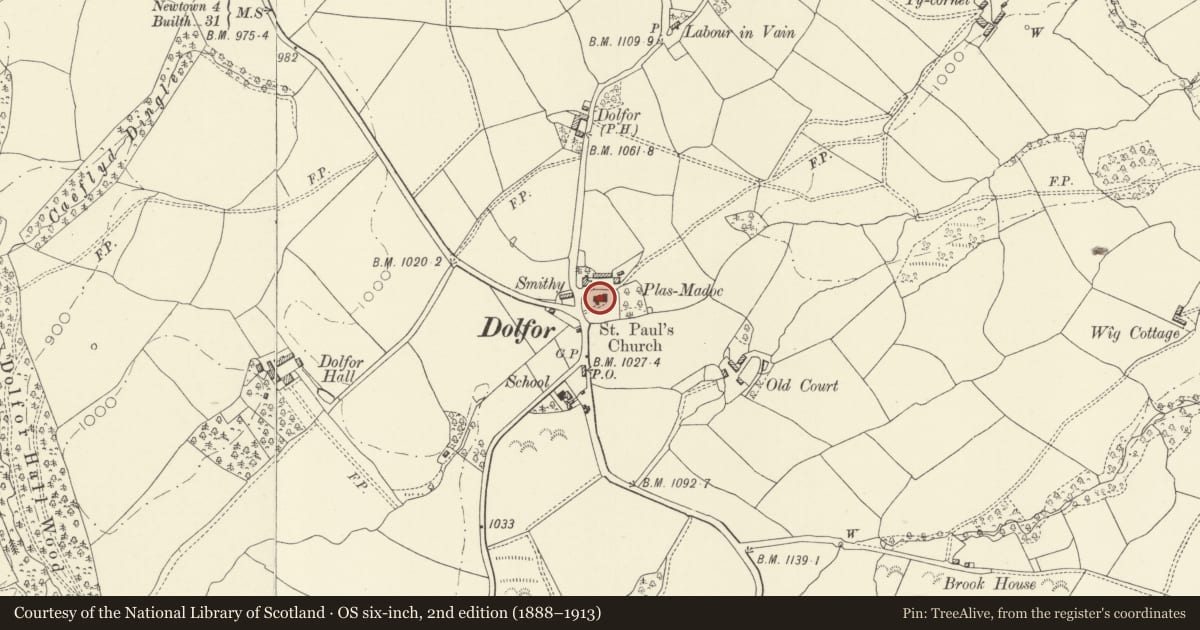 Ordnance Survey six-inch map, 2nd edition (1888–1913) covering the location of Church of St Paul, Kerry, Powys, with a pin at the register's coordinates