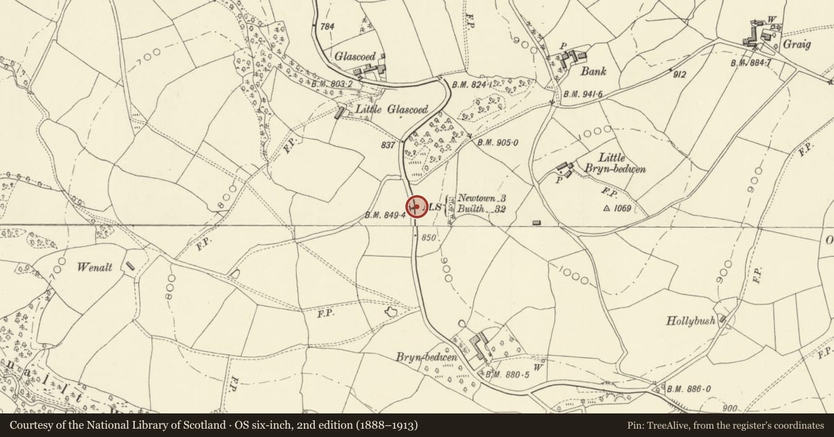 Ordnance Survey six-inch map, 2nd edition (1888–1913) covering the location of Milestone at Glascoed, Kerry, Powys, with a pin at the register's coordinates