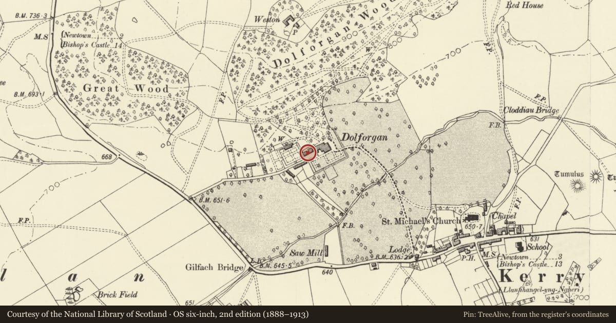 Ordnance Survey six-inch map, 2nd edition (1888–1913) covering the location of Coachhouse at Dolforgan Hall, Kerry, Powys, with a pin at the register's coordinates