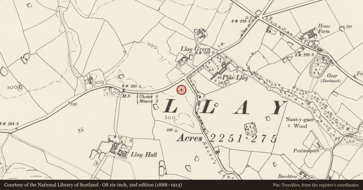 Ordnance Survey six-inch map, 2nd edition (1888–1913) covering the location of Llay Miners Welfare Institute, Wrexham, with a pin at the register's coordinates