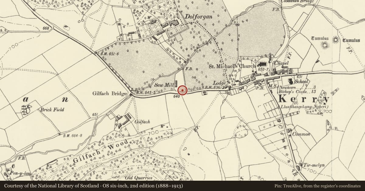 Ordnance Survey six-inch map, 2nd edition (1888–1913) covering the location of Sunnycroft, Kerry, Powys, with a pin at the register's coordinates