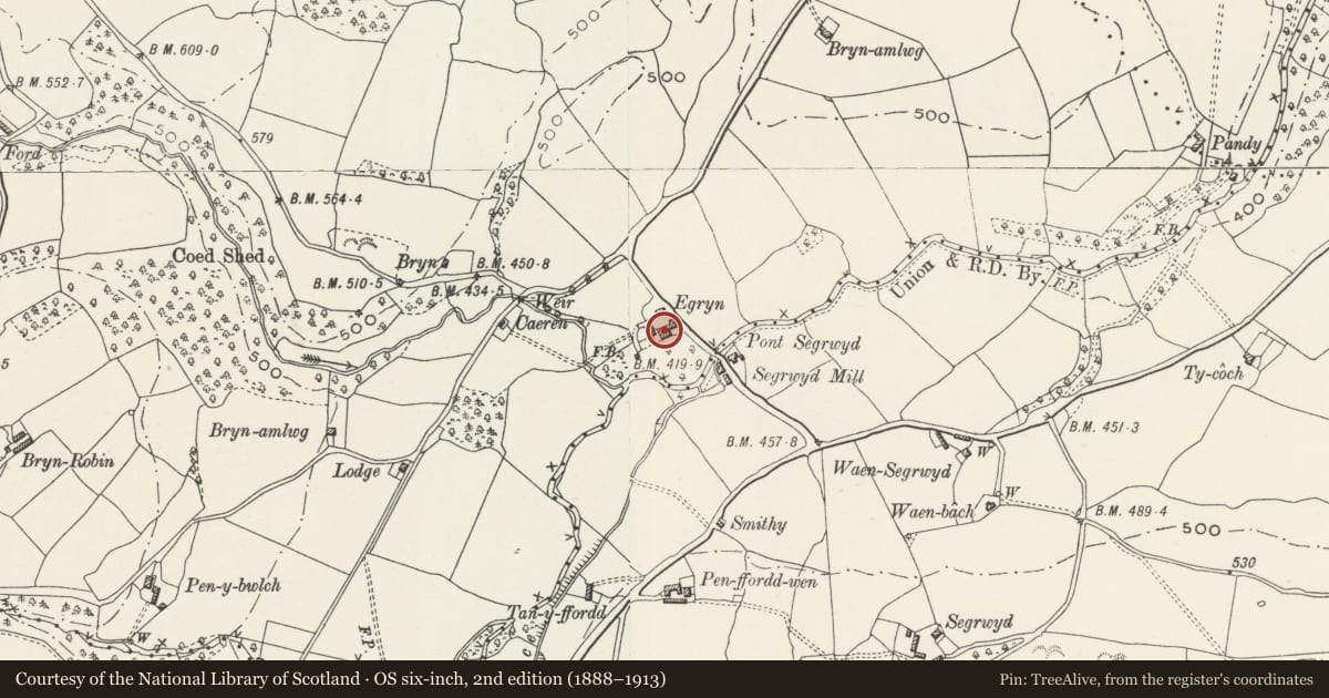 Ordnance Survey six-inch map, 2nd edition (1888–1913) covering the location of Egryn and attached barn, Llansannan, Conwy, with a pin at the register's coordinates