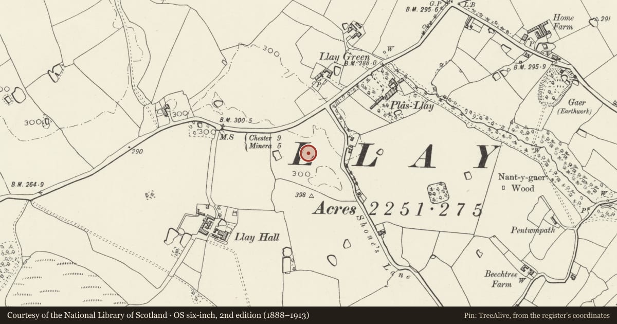 Ordnance Survey six-inch map, 2nd edition (1888–1913) covering the location of Pavilion at Llay Miners Welfare Institute, Wrexham, with a pin at the register's coordinates
