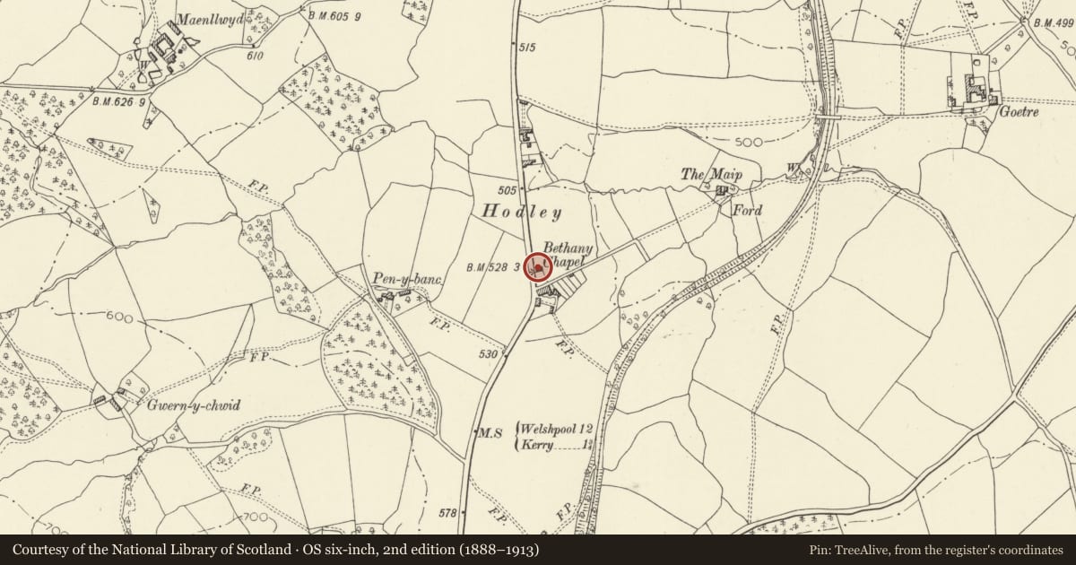 Ordnance Survey six-inch map, 2nd edition (1888–1913) covering the location of Hodley United Reformed Church, Kerry, Powys, with a pin at the register's coordinates
