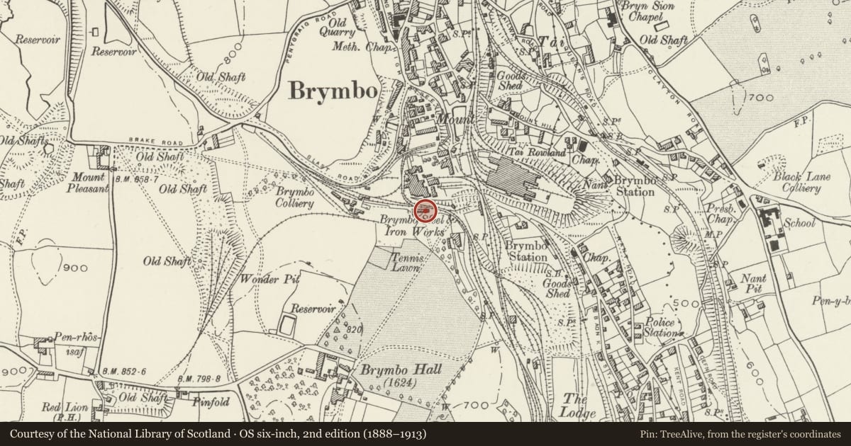 Ordnance Survey six-inch map, 2nd edition (1888–1913) covering the location of Former Agent's House at site of Brymbo Ironworks, Wrexham, with a pin at the register's coordinates