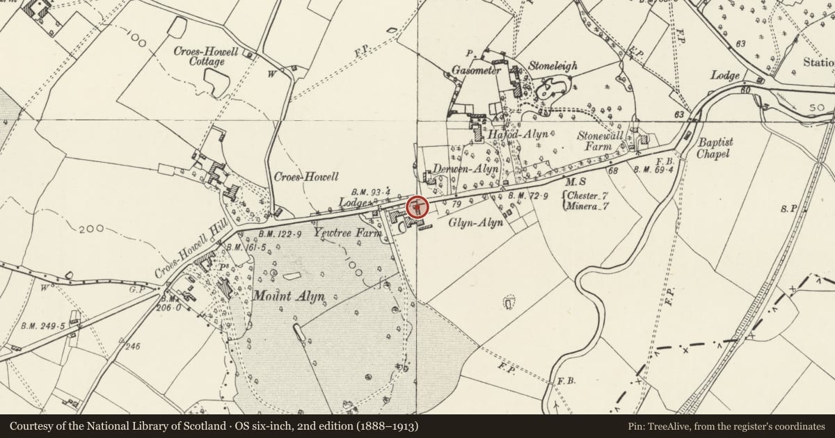 Ordnance Survey six-inch map, 2nd edition (1888–1913) covering the location of 1 Yew Tree Cottages, Rossett, Wrexham, with a pin at the register's coordinates
