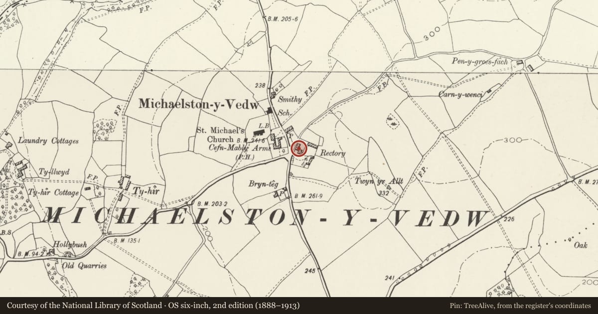 Ordnance Survey six-inch map, 2nd edition (1888–1913) covering the location of The Old Rectory, Michaelstone-y-Fedw, Newport, with a pin at the register's coordinates