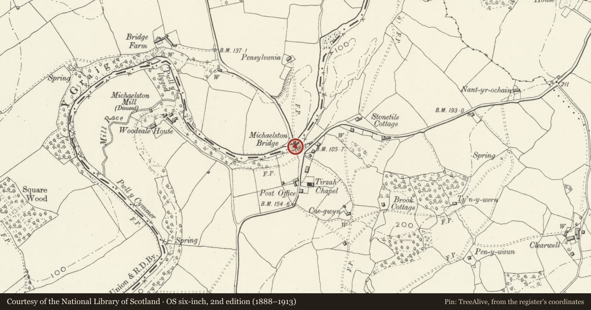 Ordnance Survey six-inch map, 2nd edition (1888–1913) covering the location of Michaelstone Bridge, Michaelstone-y-Fedw, Newport, with a pin at the register's coordinates