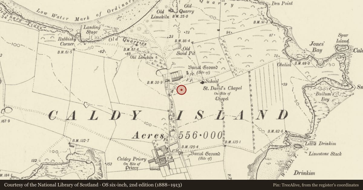 Ordnance Survey six-inch map, 2nd edition (1888–1913) covering the location of Caldey Abbey, Tenby, Pembrokeshire, with a pin at the register's coordinates