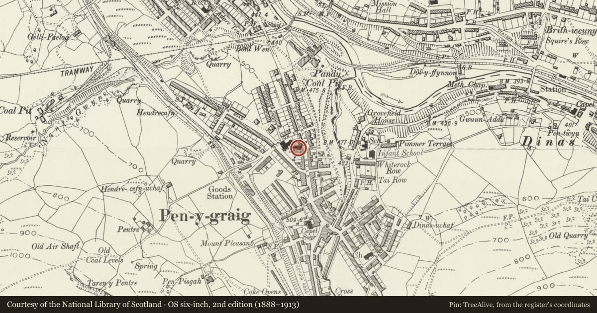 Ordnance Survey six-inch map, 2nd edition (1888–1913) covering the location of Pisgah Trefnyddion Calfinaidd (Chapel) including forecourt walls, railings and gates, Pen-y-Graig, Rhondda Cynon Taff, with a pin at the register's coordinates