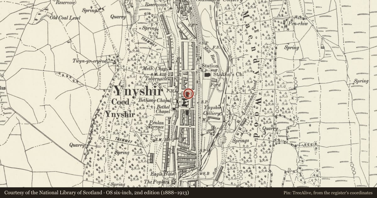 Ordnance Survey six-inch map, 2nd edition (1888–1913) covering the location of Ainon Welsh Baptist Chapel, Ynyshir, Rhondda Cynon Taff, with a pin at the register's coordinates