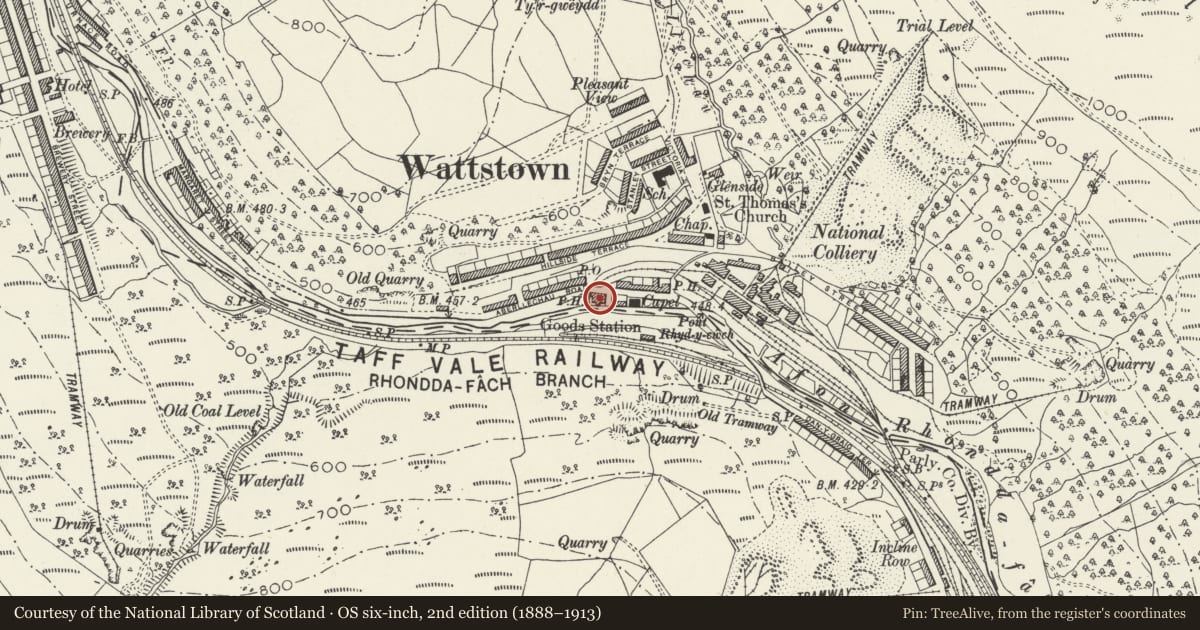Ordnance Survey six-inch map, 2nd edition (1888–1913) covering the location of Wattstown Hotel, Ynyshir, Rhondda Cynon Taff, with a pin at the register's coordinates