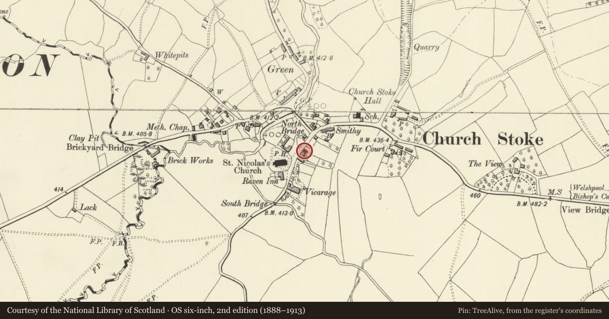 Ordnance Survey six-inch map, 2nd edition (1888–1913) covering the location of Brynafon, Churchstoke, Powys, with a pin at the register's coordinates
