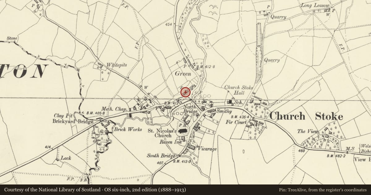 Ordnance Survey six-inch map, 2nd edition (1888–1913) covering the location of 3 Bridge End, Churchstoke, Powys, with a pin at the register's coordinates
