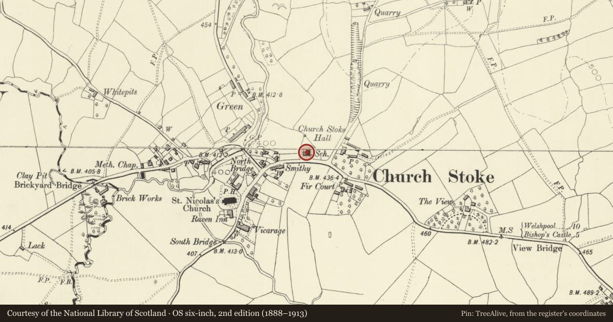 Ordnance Survey six-inch map, 2nd edition (1888–1913) covering the location of Churchstoke Pottery, Teashop and School House, Powys, with a pin at the register's coordinates