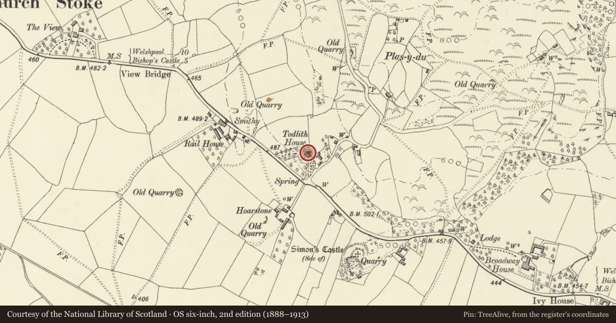 Ordnance Survey six-inch map, 2nd edition (1888–1913) covering the location of Todleth House, Churchstoke, Powys, with a pin at the register's coordinates