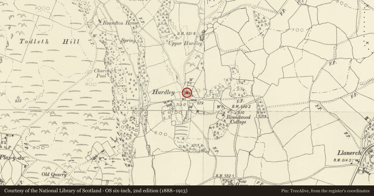 Ordnance Survey six-inch map, 2nd edition (1888–1913) covering the location of Hurdley Farm, Churchstoke, Powys, with a pin at the register's coordinates