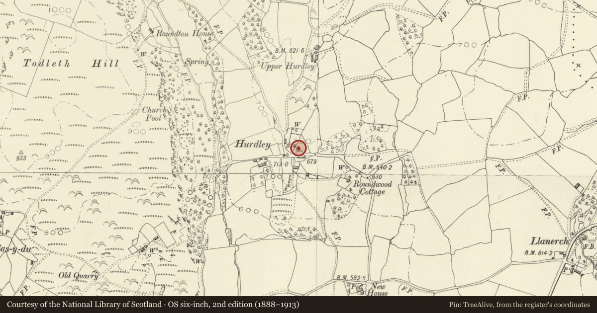 Ordnance Survey six-inch map, 2nd edition (1888–1913) covering the location of Lower Hurdley Farmhouse, Churchstoke, Powys, with a pin at the register's coordinates