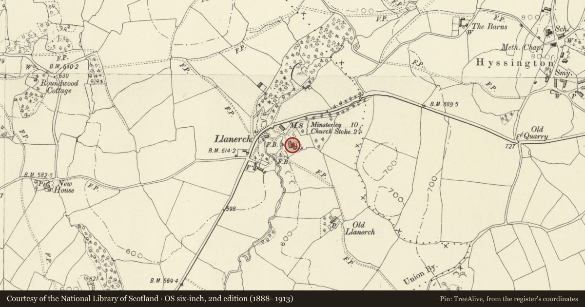 Ordnance Survey six-inch map, 2nd edition (1888–1913) covering the location of The Llanerch (also known as Park House), Churchstoke, Powys, with a pin at the register's coordinates