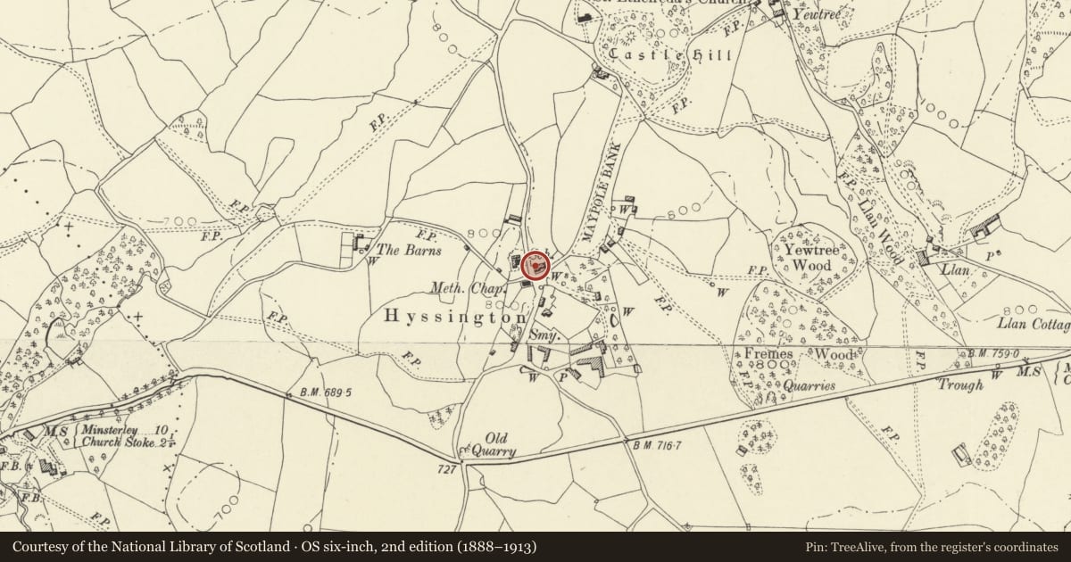 Ordnance Survey six-inch map, 2nd edition (1888–1913) covering the location of Brynawel, Churchstoke, Powys, with a pin at the register's coordinates