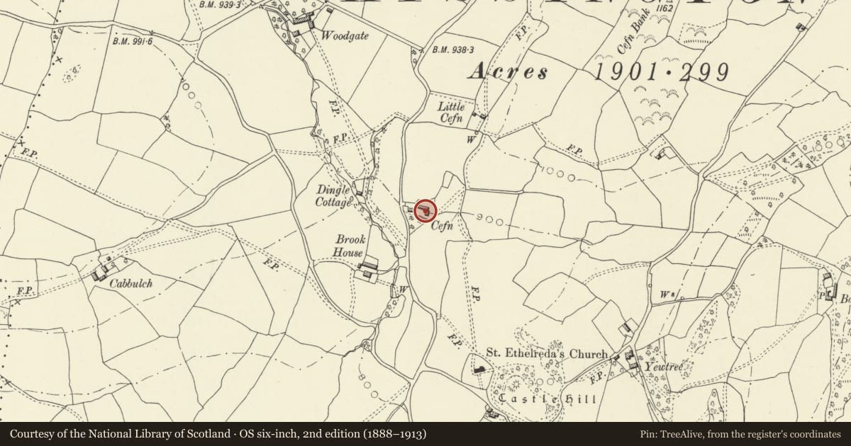 Ordnance Survey six-inch map, 2nd edition (1888–1913) covering the location of Cefn Farmhouse, Churchstoke, Powys, with a pin at the register's coordinates