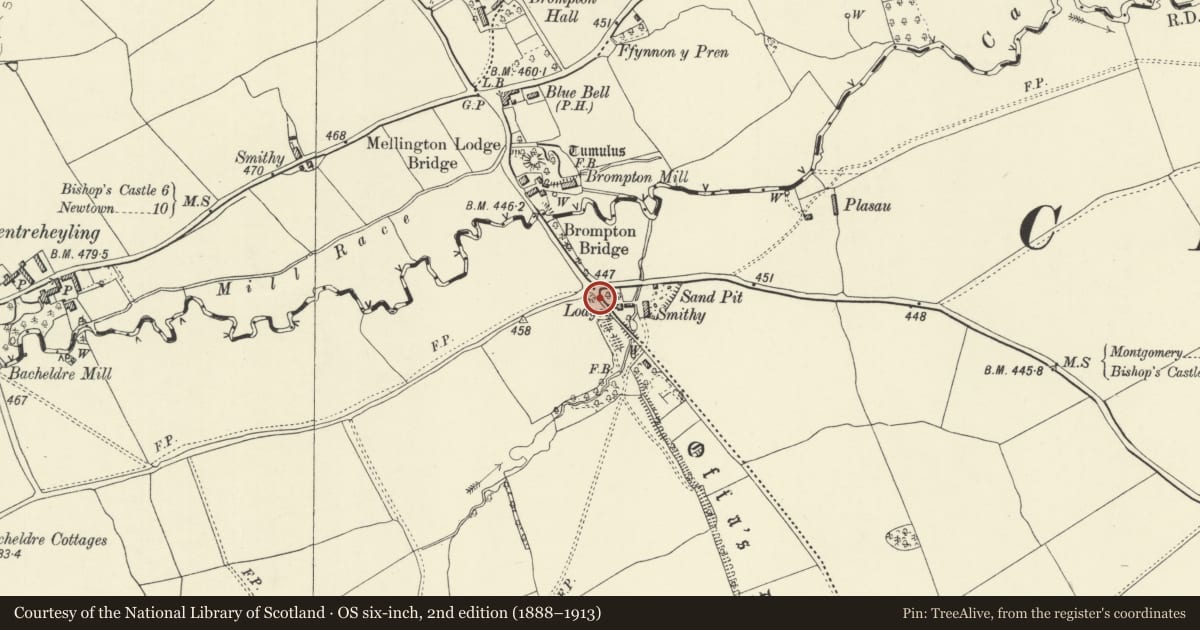 Ordnance Survey six-inch map, 2nd edition (1888–1913) covering the location of Mellington Gatehouse, Churchstoke, Powys, with a pin at the register's coordinates
