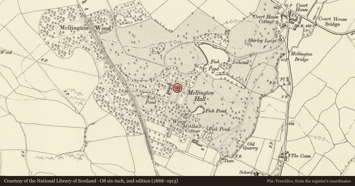 Ordnance Survey six-inch map, 2nd edition (1888–1913) covering the location of Mellington Hall, Churchstoke, Powys, with a pin at the register's coordinates