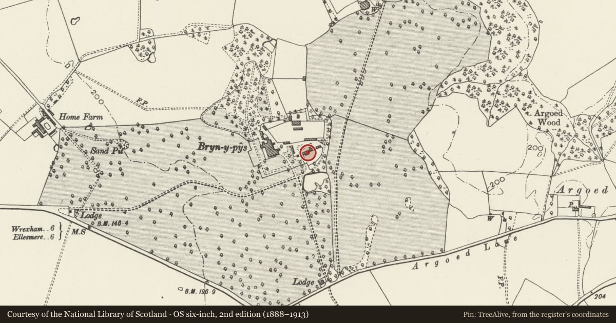 Ordnance Survey six-inch map, 2nd edition (1888–1913) covering the location of Former Stable-Range including Dovecote at Bryn-y-Pys, Overton, Wrexham, with a pin at the register's coordinates