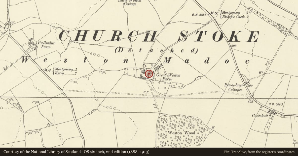 Ordnance Survey six-inch map, 2nd edition (1888–1913) covering the location of Great Weston Farmhouse, Montgomery, Powys, with a pin at the register's coordinates