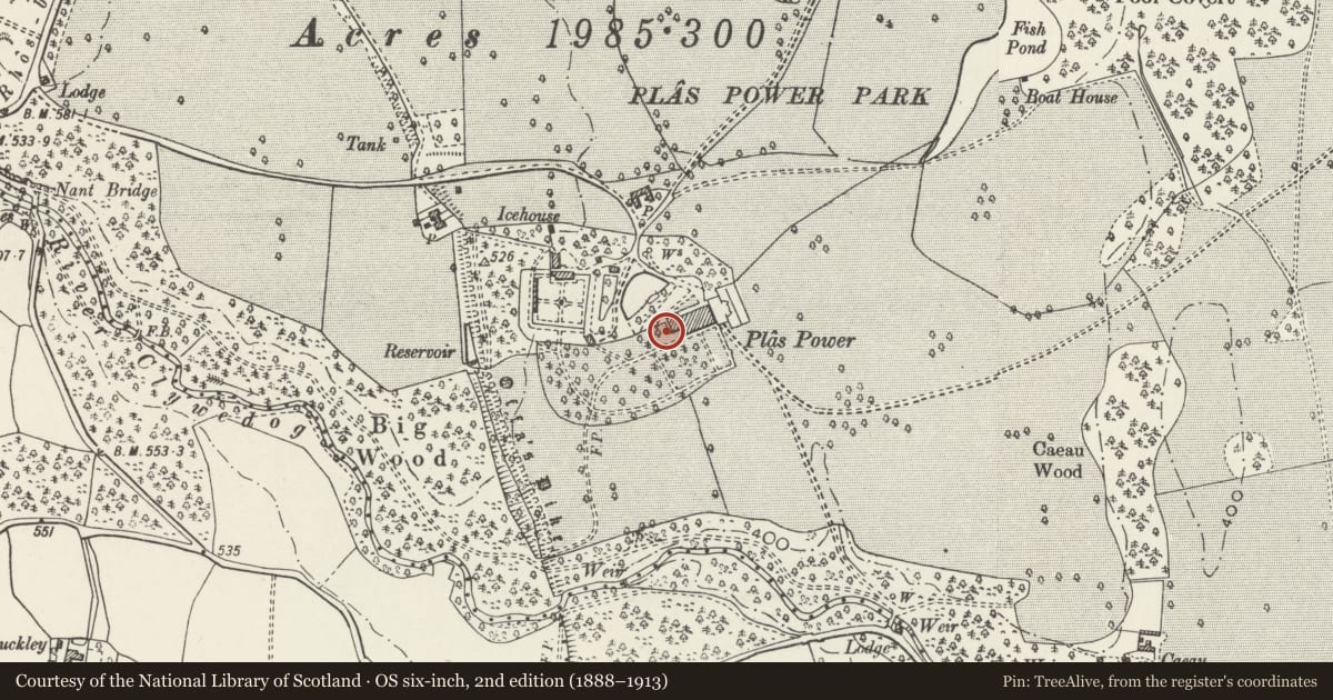 Ordnance Survey six-inch map, 2nd edition (1888–1913) covering the location of Game Larder at Plas Power, Coedpoeth, Wrexham, with a pin at the register's coordinates