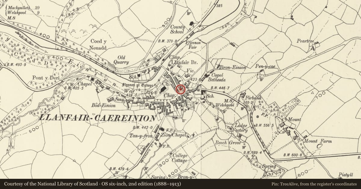 Ordnance Survey six-inch map, 2nd edition (1888–1913) covering the location of Old Bank House (Deri Dental Practice), Llanfair Caereinion, Powys, with a pin at the register's coordinates