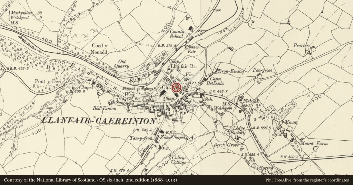 Ordnance Survey six-inch map, 2nd edition (1888–1913) covering the location of Victoria House (now N.F.U. Mutual Office), Llanfair Caereinion, Powys, with a pin at the register's coordinates