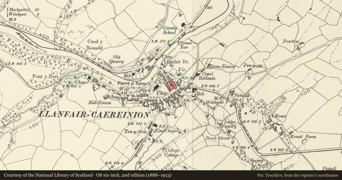 Ordnance Survey six-inch map, 2nd edition (1888–1913) covering the location of Brynllys, Llanfair Caereinion, Powys, with a pin at the register's coordinates