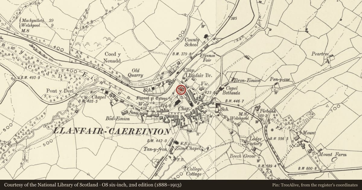 Ordnance Survey six-inch map, 2nd edition (1888–1913) covering the location of Llanfair Caereinion Public Hall, Institute and Library, Powys, with a pin at the register's coordinates