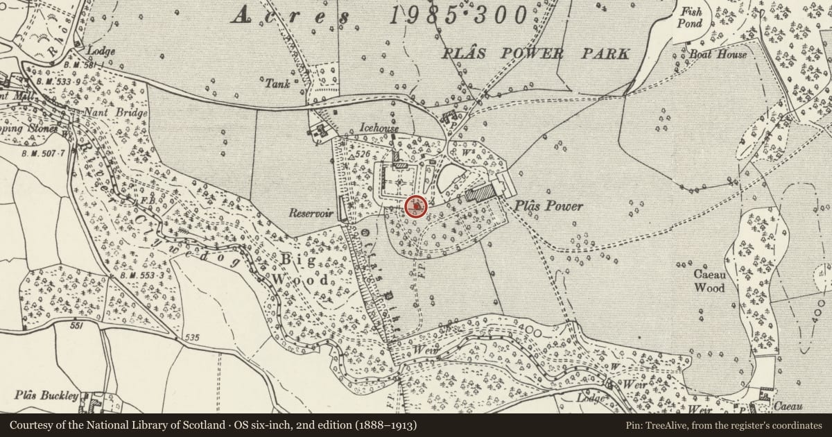 Ordnance Survey six-inch map, 2nd edition (1888–1913) covering the location of Dairy at Plas Power, Coedpoeth, Wrexham, with a pin at the register's coordinates