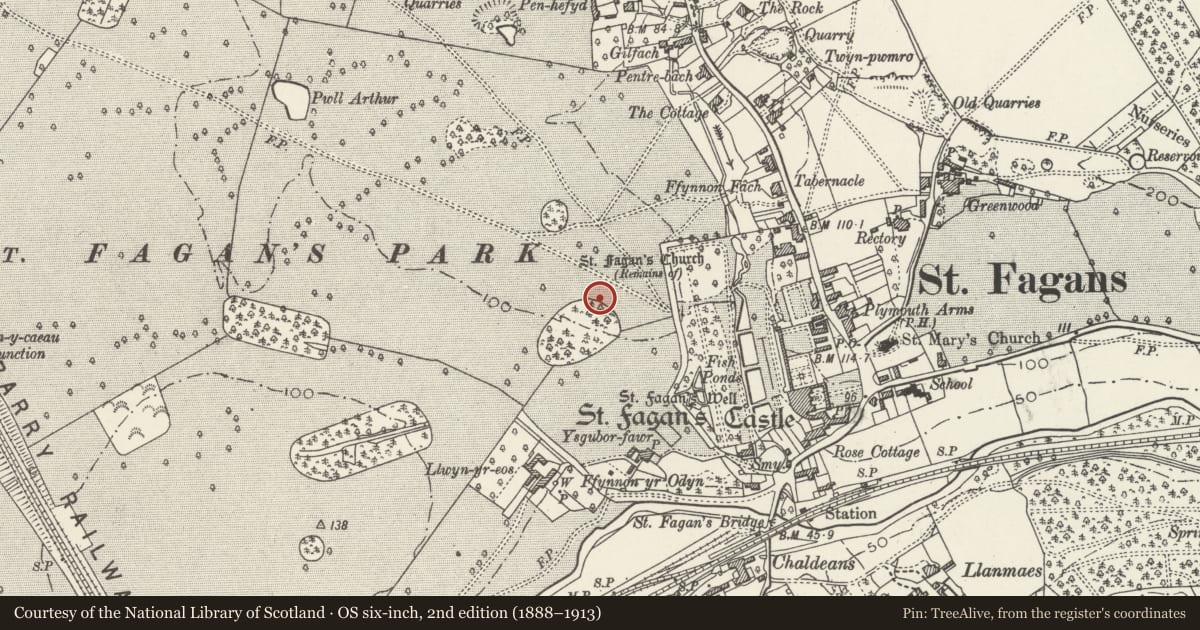 Ordnance Survey six-inch map, 2nd edition (1888–1913) covering the location of Capel Pen-rhiw, St. Fagans, Cardiff, with a pin at the register's coordinates