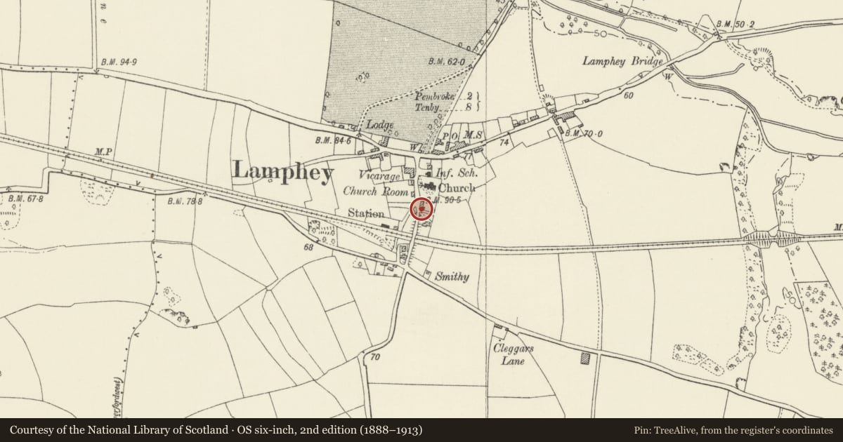Ordnance Survey six-inch map, 2nd edition (1888–1913) covering the location of Converted out building to right of Baker's Cottage, Lamphey, Pembrokeshire, with a pin at the register's coordinates