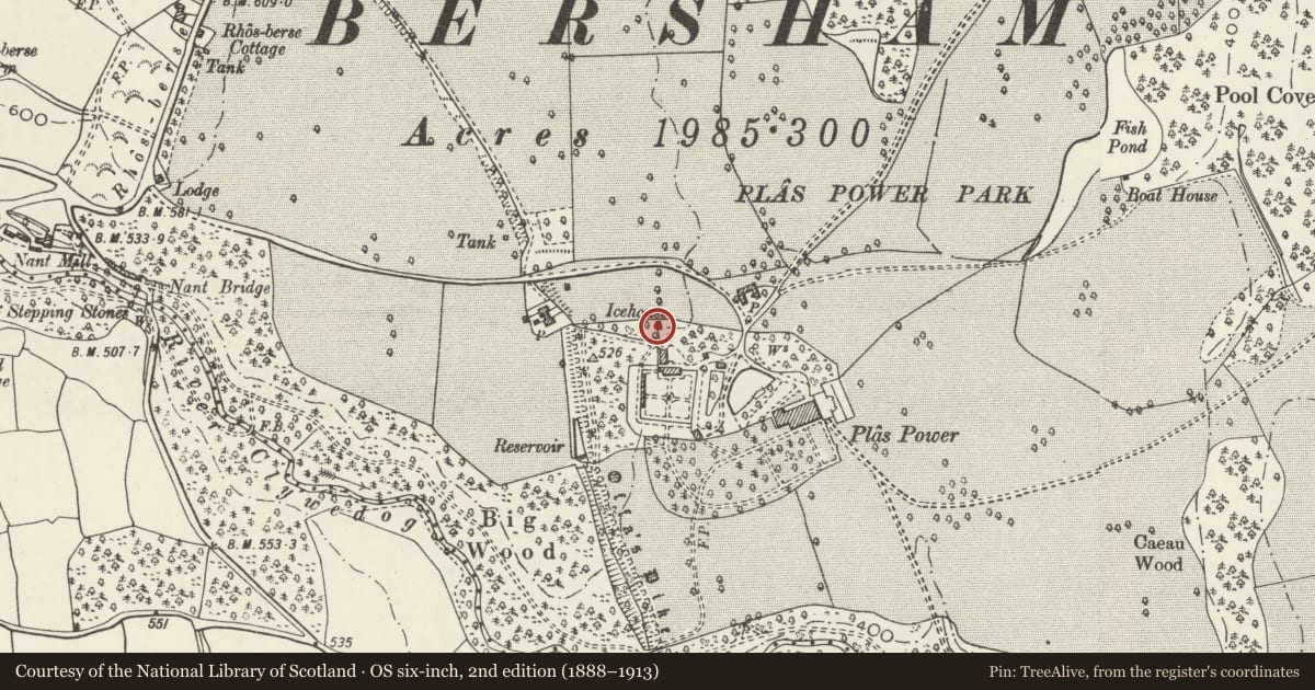 Ordnance Survey six-inch map, 2nd edition (1888–1913) covering the location of Ice-House at Plas Power, Coedpoeth, Wrexham, with a pin at the register's coordinates