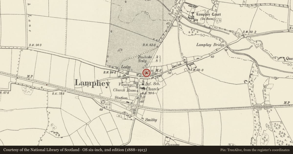 Ordnance Survey six-inch map, 2nd edition (1888–1913) covering the location of Farm Outbuildings to Rear Yard of Court House, Lamphey, Pembrokeshire, with a pin at the register's coordinates
