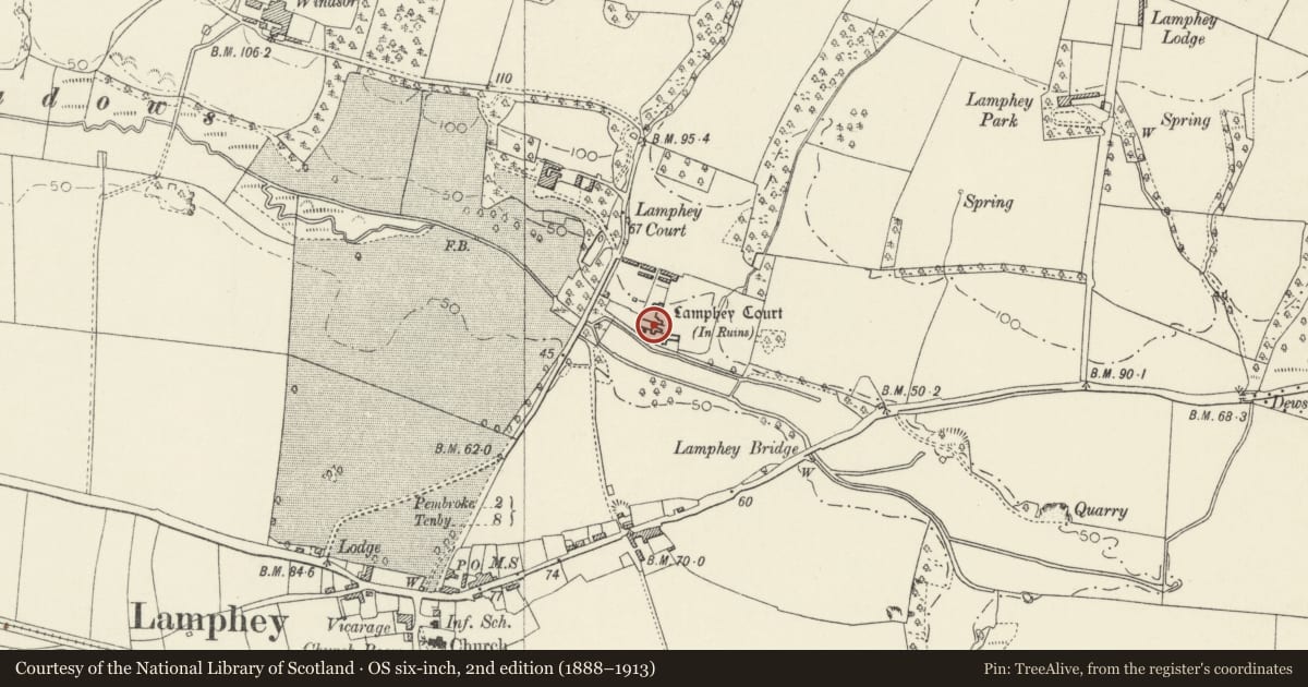 Ordnance Survey six-inch map, 2nd edition (1888–1913) covering the location of Lamphey Bishop's Palace, Pembrokeshire, with a pin at the register's coordinates