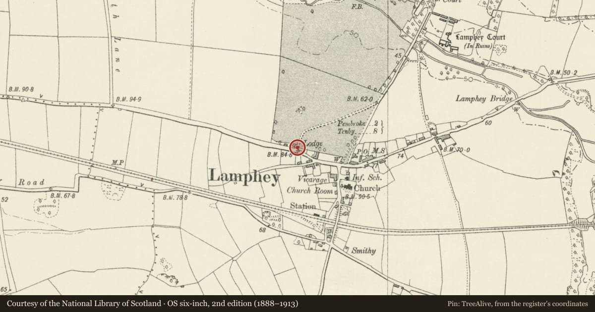 Ordnance Survey six-inch map, 2nd edition (1888–1913) covering the location of Former entrance gateway to Lamphey Court, Pembrokeshire, with a pin at the register's coordinates