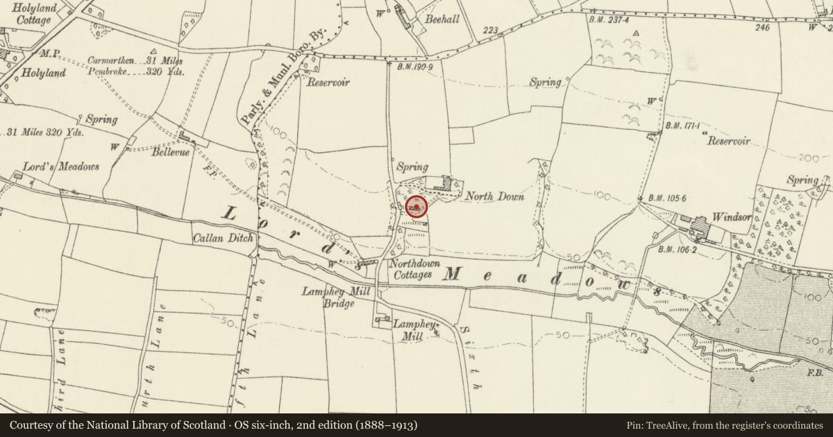 Ordnance Survey six-inch map, 2nd edition (1888–1913) covering the location of Old Coach House, Lamphey, Pembrokeshire, with a pin at the register's coordinates