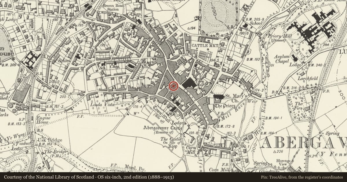 Ordnance Survey six-inch map, 2nd edition (1888–1913) covering the location of Hen and Chickens PH including attached No. 10 facing St John's Street, Abergavenny, Monmouthshire, with a pin at the register's coordinates