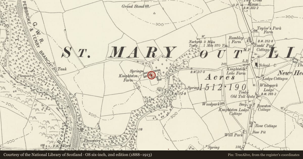 Ordnance Survey six-inch map, 2nd edition (1888–1913) covering the location of Cartshed attached to Knightston Farm, St. Mary Out Liberty, Pembrokeshire, with a pin at the register's coordinates